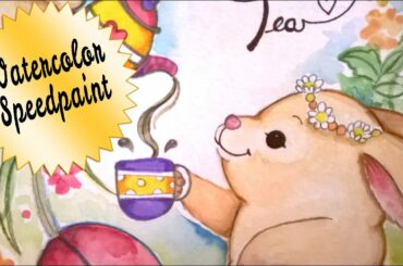 Easter Spring Watercolor Cute Bunny Mixed Media Painting x8 speed