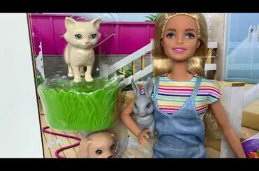Barbie cleans her pet friends her dog, cat and cute rabbit toy review unboxing