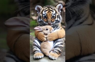 Baby Tiger And Rabbit Are So Cute! #babytiger #rabbit #tiger #cute #adorable #animals #funny #shorts
