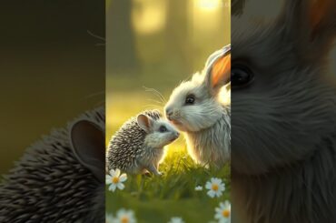 Cute rabbit rescued the poor little hedgehog