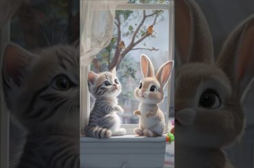 How do a kitten and a baby rabbit spend their day? #cute #rabbitadventures #babyanimal