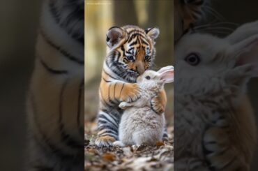 Tigers and rabbits can be good friends too.#tiger #cuteanimals #cutebabytigervideo #nature #cat