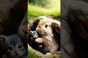 Cute rabbit rescue the little kitten #cat #funny #kitten #cats #catlover #catvideos #catshorts