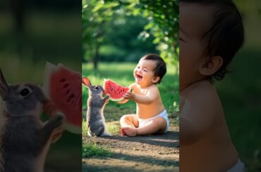 This scene is perfect! Watermelon + bunny + baby = cuteness overflowing from the screen!  #cute