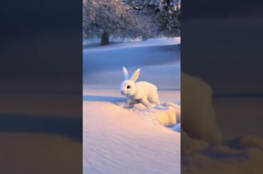 A cute rabbit is playing with snow