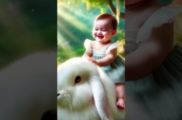 Cute baby laughing and sitting on the rabbit #bigcats #ai #ai #animals #viralvideo #wildcats #shorts