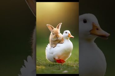 baby Rabbits riding on a duck's back #birds #animals #duck #chicken#rabbit