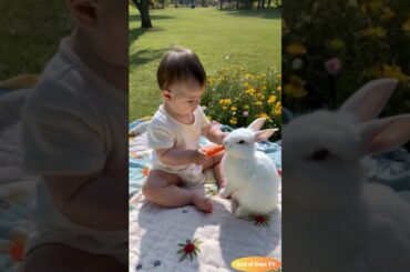 A cute baby feeds his rabbit