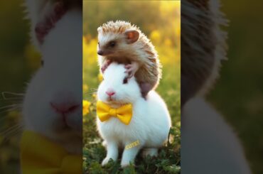 Cute baby hedgehog sitting on cute baby bunny #cuteanimals