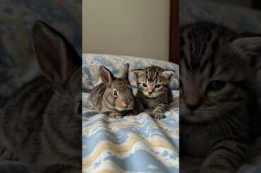 Baby Rabbit and Kitten Side by Side on a Bed