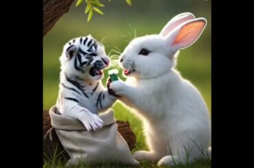 The cute rabbit saves the poor little tiger.#rabbit #tiger #ai  #cuteanimals #babyanimal #shortfeed