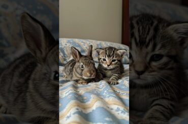 Too Cute! Baby Kitten and Bunny Snuggled Up Comfortably on a Bed