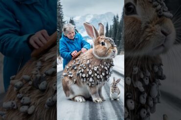 Rabbit mother and little cute bunny ask old lady for help
