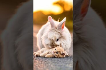 Rabbit help a little kitten #cute #rabbit