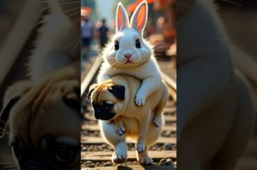Cute Rabbit helps pug injured in train crash |  #ai #cuteanimal #rabbits #rabbitrescue #sad