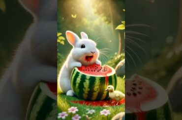 cute rabbit enjoying watermelon with duck #rabbit #duck #cuteanimals #cute #animals #funny #shorts