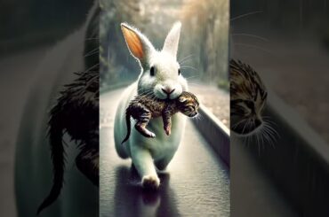 Rabbit rescues a kitten from a drain and is raising it with motherly love #animalrescue