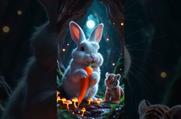 cute rabbit saves a helpless tiger cub