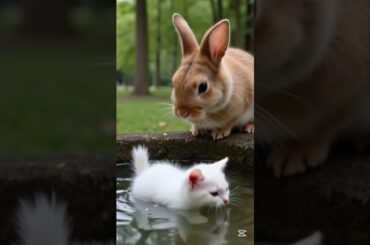 A brown rabbit save a cute baby cat