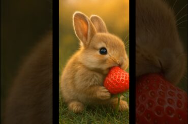 Cute Baby  Bunny Loves Eating Fresh Juicy Strawberries