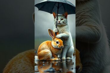 A Heroic White Cat Helped a Cute Rabbit in Rain #cat #rabbit #rain