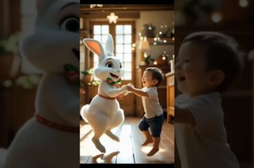 baby and a fluffy baby rabbit. Cute pet debut plan. Pastoral cute pet. cute pet in the countryside