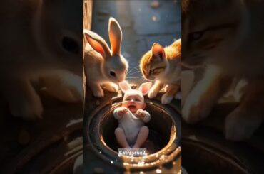 Rabbit and Cat friends save baby who fell into a drain. #RabbitRescue #CuteAnimals #AnimalRescue