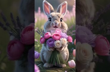 The cute rabbit smiles and holds out a bouquet of flowers with his paws right into the frame.#shorts