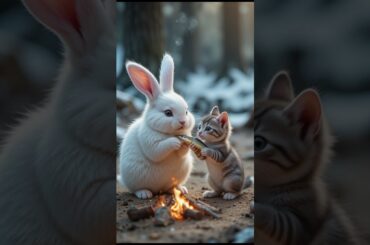Cute Rabbit help the injured and cold kitten #rabbitrescue #rabbit #shortsfeed