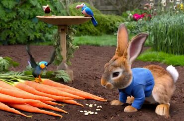Cute Rabbit eating carrot with Parrots
