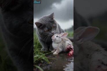 Brave handsome bluecat, Black, saved a cute rabbit accidentally injured#cat #rabbit #shortvideo #ai