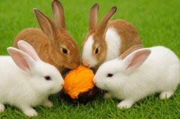 Cute Bunnies Playing on the Grass, eating fruit, Animals daily vlog