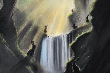 Where bunnies go. Original wet charcoal and pastel art by me.
