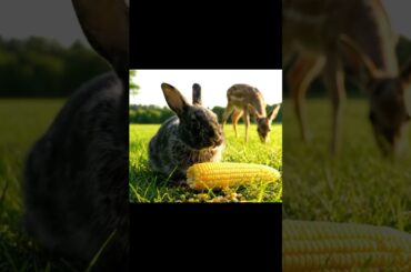 Amazing Moment! Rabbit Eating Corn & Deer Grazing Grass!"#rabbit #cute #ai #bunny #funny #cuteanimal