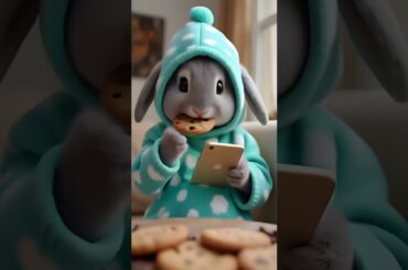 One cute rabbit eat cookie and seeing in mobile phone.