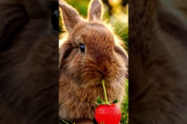 Brown Rabbit Holding Strawberry Stem With Mouth