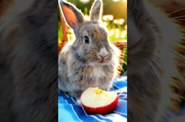 Cute Bunny Eating Apple Slice On Picnic Cloth Summer Sun