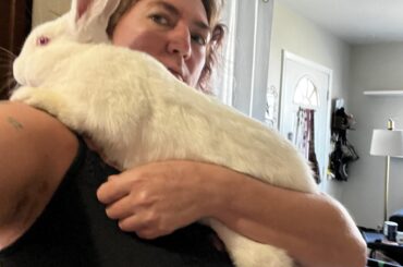 4.5 months old and 7.2#, I wonder how big he’ll be. His name is Buddy Bun and he’s a goofus.