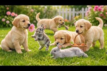 Cute puppies playing with baby rabbits on the grass - Dog barking sounds - Dog videos