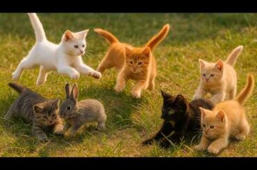 Adorable kittens playing with baby rabbits in a grassy field - Cat sounds - Cat videos