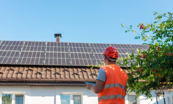 A worker inspecting solar panels on a rooftop.