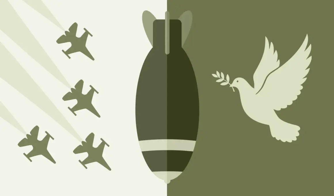 A graphic showing four fighter jets leaving contrails, a large bomb, and a white dove carrying an olive branch.