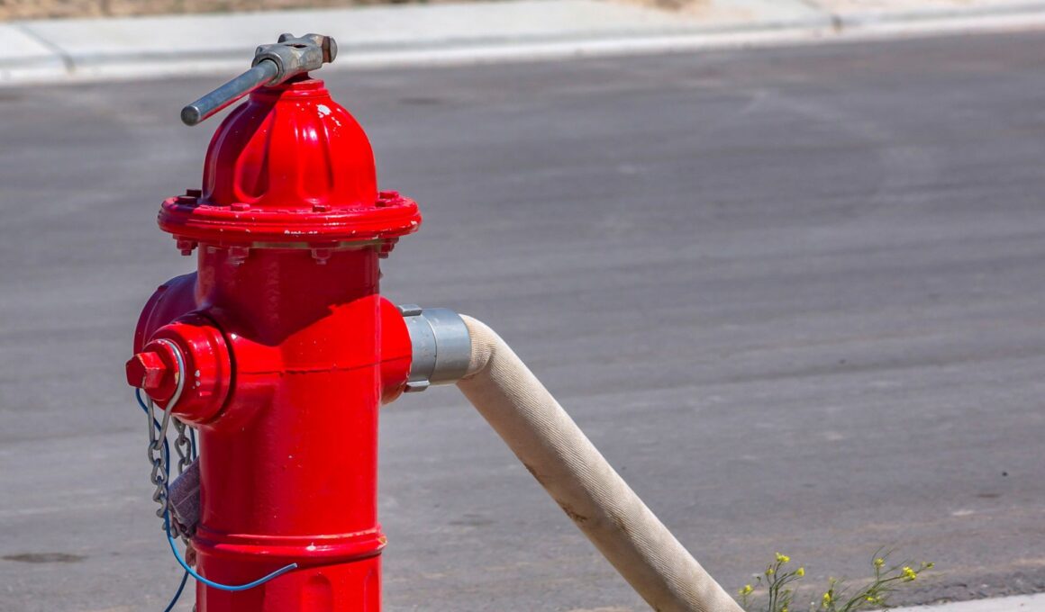 A hose attached to a red fire hydrant.