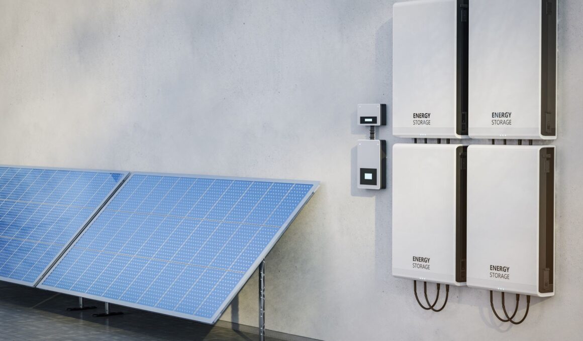 Solar panels with energy storage units mounted on a wall.