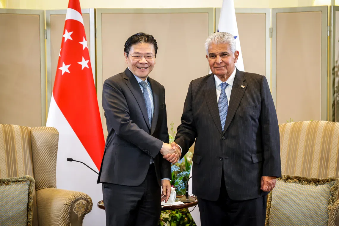 Prime Minister Lawrence Wong (left) with Panamanian President Jose Raul Mulino at the Ministry of Foreign Affairs on Oct 5.